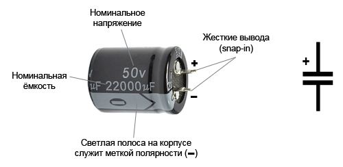 Условные обозначения конденсаторов электролитов с жесткими выводами